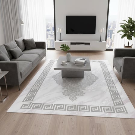 Gri Beyaz Dijital Baskılı Halı Kaymaz Tabanlı Modern Geometrik Bordürlü Dekoratif Salon ve Oda Taban