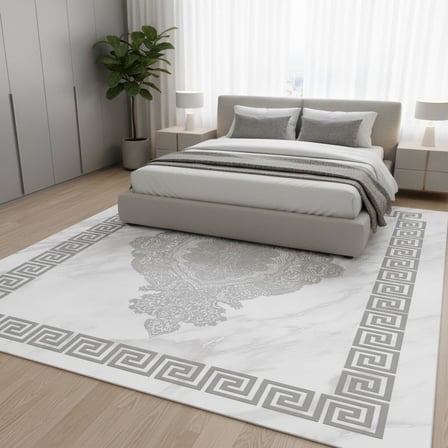 Gri Beyaz Dijital Baskılı Halı Kaymaz Tabanlı Modern Geometrik Bordürlü Dekoratif Salon ve Oda Taban