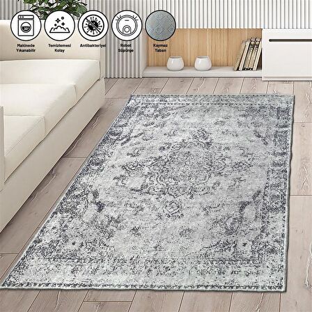 Modern Klasik Eskitme Desenli Gri Halı Kaymaz Taban Makinede Yıkanabilir