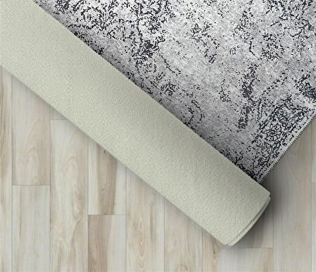 Modern Klasik Eskitme Desenli Gri Halı Kaymaz Taban Makinede Yıkanabilir