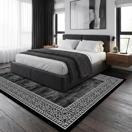 Siyah Beyaz Geometrik Desenli Salon Halısı Dijital Baskılı Kaymaz Tabanlı Halı