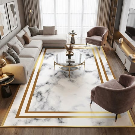 Beyaz Altın Mermer Desenli Halı Dijital Baskılı Kaymaz Tabanlı Salon Halısı