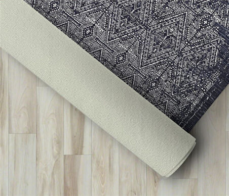 Modern Klasik Geometrik desenli Siyah Gri Halı Kaymaz Taban Makinada Yıkanabilir