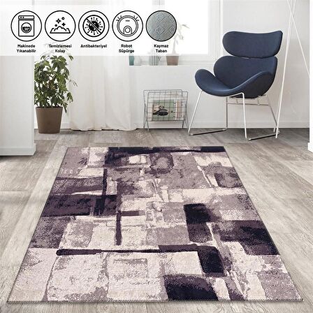 Modern Abstrak Geometrik Desenli Pastel Gri Halı Kaymaz Taban Makinede Yıkanabilir