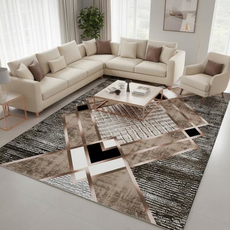 Krem ve Bakır renklerde Modern Geometrik Desenli Dijital Baskılı Halı – Kaymaz Tabanlı, Üçgen ve Elmas Formlu Şık Salon ve Oda Halısı