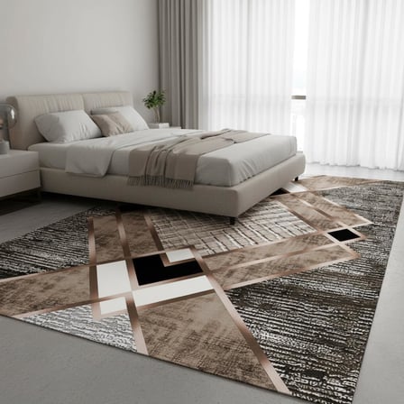 Krem ve Bakır renklerde Modern Geometrik Desenli Dijital Baskılı Halı – Kaymaz Tabanlı, Üçgen ve Elmas Formlu Şık Salon ve Oda Halısı