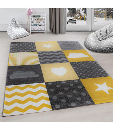 Kareli Yıldız Kalp Bulut Desenli Soft Çocuk odası halısı Gri Sarı Beyaz