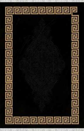 Siyah ve Altın Desenli Dijital Baskılı Halı Kaymaz Tabanlı Modern Geometrik Bordürlü Dekoratif Salon ve Oda Halısı
