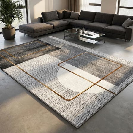 Gri Altın Çizgili Geometrik Desenli Dijital Baskılı Kaymaz Tabanlı Yıkanabilir Modern Halı