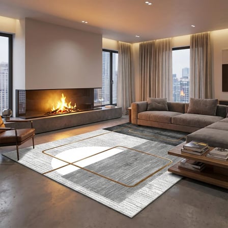 Gri Altın Çizgili Geometrik Desenli Dijital Baskılı Kaymaz Tabanlı Yıkanabilir Modern Halı