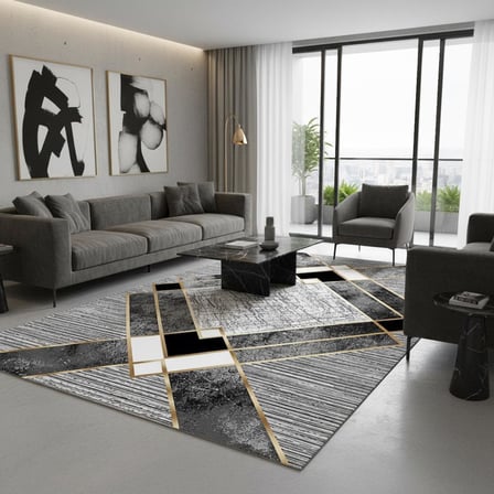 Siyah ve Altın renklerde Modern Geometrik Desenli Dijital Baskılı Halı – Kaymaz Tabanlı, Üçgen ve Elmas Formlu Şık Salon ve Oda Halısı