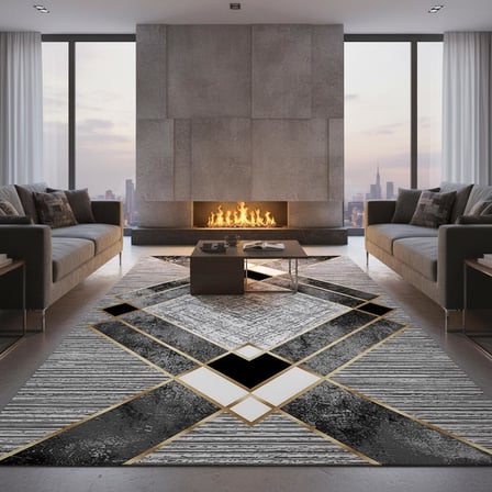 Siyah ve Altın renklerde Modern Geometrik Desenli Dijital Baskılı Halı – Kaymaz Tabanlı, Üçgen ve Elmas Formlu Şık Salon ve Oda Halısı