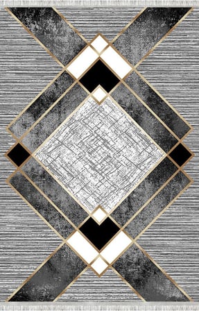 Siyah ve Altın renklerde Modern Geometrik Desenli Dijital Baskılı Halı – Kaymaz Tabanlı, Üçgen ve Elmas Formlu Şık Salon ve Oda Halısı
