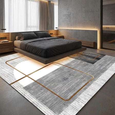 Gri Altın Çizgili Geometrik Desenli Dijital Baskılı Kaymaz Tabanlı Yıkanabilir Modern Halı