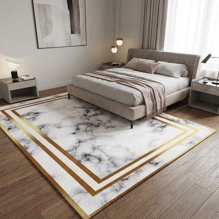 Beyaz Altın Mermer Desenli Halı Dijital Baskılı Kaymaz Tabanlı Salon Halısı