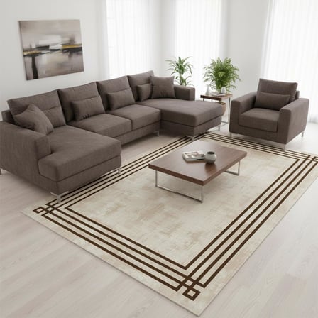 Kahve Bej Modern Çerçeve Desenli Dijital Baskılı Halı – Kaymaz Tabanlı, Minimal Dokulu Şık Salon ve Oda Halısı