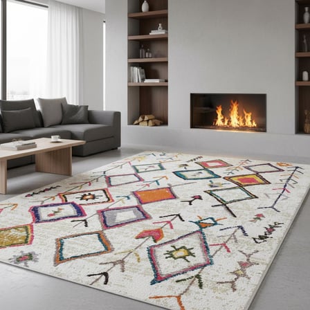 Krem Çok Renkli Boho Motifli Dijital Baskılı Halı – Kaymaz Tabanlı, Geometrik Modern Desenli Salon