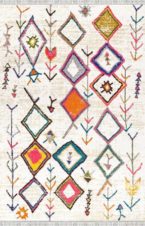 Krem Çok Renkli Boho Motifli Dijital Baskılı Halı – Kaymaz Tabanlı, Geometrik Modern Desenli Salon