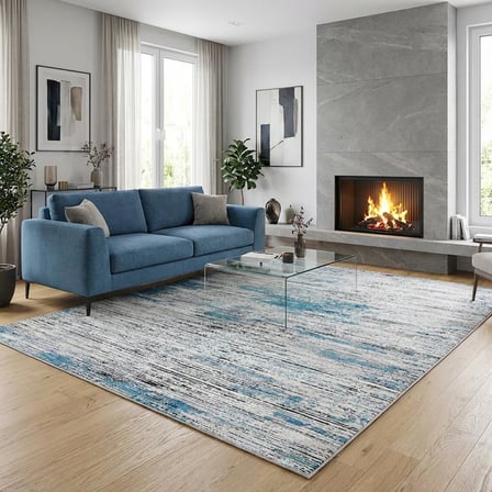 Gri Mavi Salon Halısı Modern Dokulu Dijital Baskılı Kaymaz Tabanlı Halı