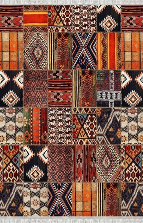 Turuncu Kahve Çok Renkli Salon Halısı Etnik Patchwork Dijital Baskılı Kaymaz Tabanlı Halı
