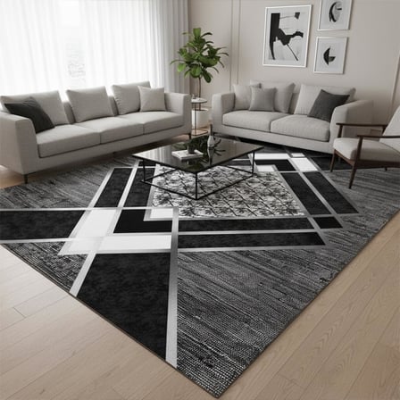 Siyah Gri Modern Geometrik Desenli Dijital Baskılı Halı – Kaymaz Tabanlı, Üçgen ve Elmas Formlu Şık Salon ve Oda Halısı