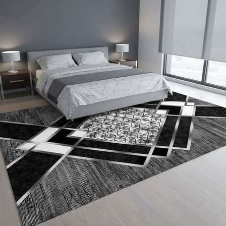 Siyah Gri Modern Geometrik Desenli Dijital Baskılı Halı – Kaymaz Tabanlı, Üçgen ve Elmas Formlu Şık Salon ve Oda Halısı