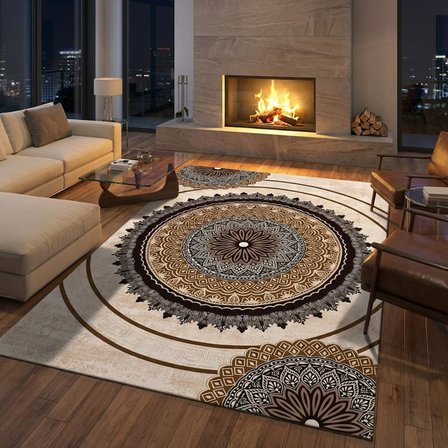 Kahverengi Bej tonlarda Mandala Desenli Dijital Baskılı Kaymaz Tabanlı Halı