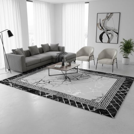 Siyah Gri Mermer Desenli Dijital Baskılı Halı Kaymaz Taban Modern Geometrik Çerçeve Salon Oda Halısı