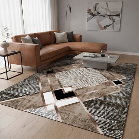 Krem ve Bakır renklerde Modern Geometrik Desenli Dijital Baskılı Halı – Kaymaz Tabanlı, Üçgen ve Elmas Formlu Şık Salon ve Oda Halısı
