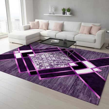 Siyah Lila Modern Geometrik Desenli Dijital Baskılı Halı – Kaymaz Tabanlı, Üçgen ve Elmas Formlu Şık Salon ve Oda Halısı