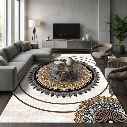 Kahverengi Bej tonlarda Mandala Desenli Dijital Baskılı Kaymaz Tabanlı Halı