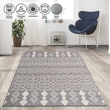 Marokan tarzı Salon Halısı otantik kilim desenli Açık Gri Halı Kaymaz Taban Makinada Yıkanabilir