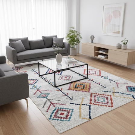 Krem ve Çok Renkli Boho Motifli Otantik Dijital Baskı Halı – Kaymaz Tabanlı, Geometrik Desenli Dekoratif Salon Halısı