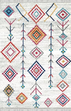 Krem ve Çok Renkli Boho Motifli Otantik Dijital Baskı Halı – Kaymaz Tabanlı, Geometrik Desenli Dekoratif Salon Halısı