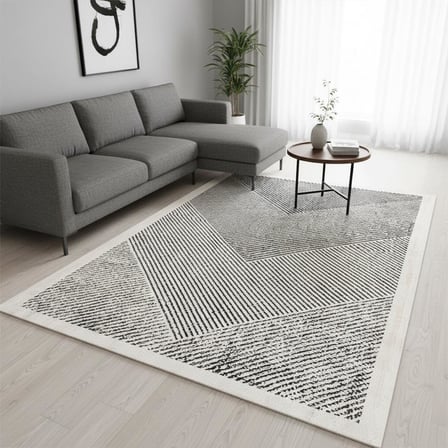 Krem Gri Modern Çizgili Dijital Baskılı Halı – Kaymaz Tabanlı, Minimal Geometrik Desenli Şık Salon