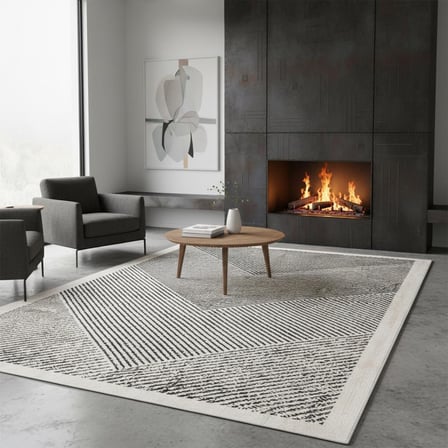 Krem Gri Modern Çizgili Dijital Baskılı Halı – Kaymaz Tabanlı, Minimal Geometrik Desenli Şık Salon