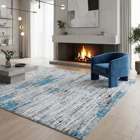 Gri Mavi Salon Halısı Modern Dokulu Dijital Baskılı Kaymaz Tabanlı Halı