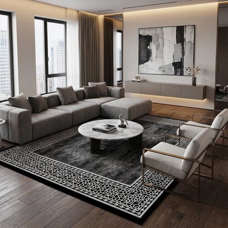 Siyah Beyaz Geometrik Desenli Salon Halısı Dijital Baskılı Kaymaz Tabanlı Halı