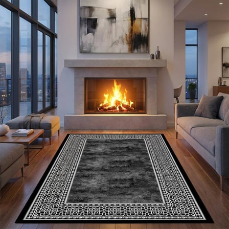 Siyah Beyaz Geometrik Desenli Salon Halısı Dijital Baskılı Kaymaz Tabanlı Halı