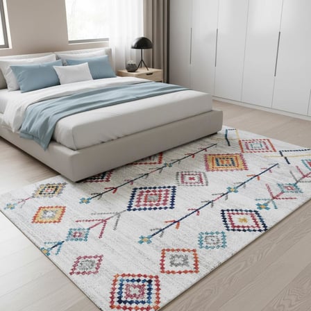 Krem ve Çok Renkli Boho Motifli Otantik Dijital Baskı Halı – Kaymaz Tabanlı, Geometrik Desenli Dekoratif Salon Halısı