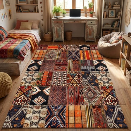 Turuncu Kahve Çok Renkli Salon Halısı Etnik Patchwork Dijital Baskılı Kaymaz Tabanlı Halı