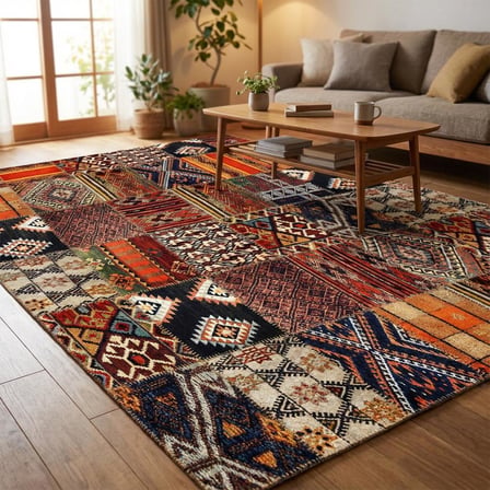Turuncu Kahve Çok Renkli Salon Halısı Etnik Patchwork Dijital Baskılı Kaymaz Tabanlı Halı