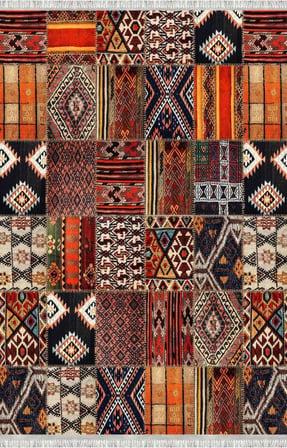 Turuncu Kahve Çok Renkli Salon Halısı Etnik Patchwork Dijital Baskılı Kaymaz Tabanlı Halı