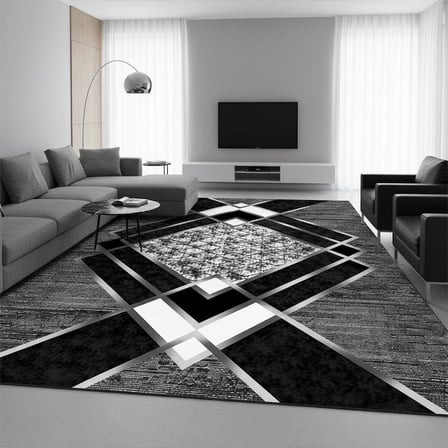 Siyah Gri Modern Geometrik Desenli Dijital Baskılı Halı – Kaymaz Tabanlı, Üçgen ve Elmas Formlu Şık Salon ve Oda Halısı