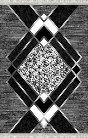 Siyah Gri Modern Geometrik Desenli Dijital Baskılı Halı – Kaymaz Tabanlı, Üçgen ve Elmas Formlu Şık Salon ve Oda Halısı