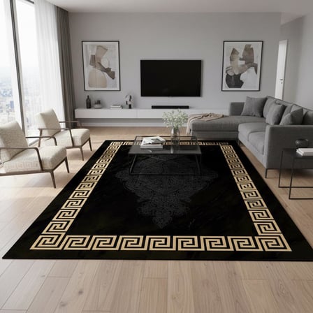 Siyah ve Altın Desenli Dijital Baskılı Halı Kaymaz Tabanlı Modern Geometrik Bordürlü Dekoratif Salon ve Oda Halısı