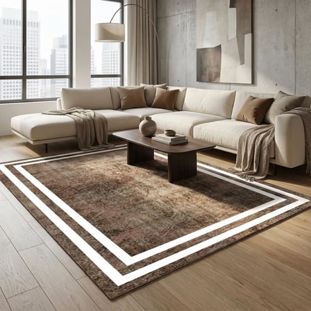 Kahverengi Beyaz Modern Salon Halısı Çerçeve Desenli Dijital Baskılı Kaymaz Tabanlı Halı