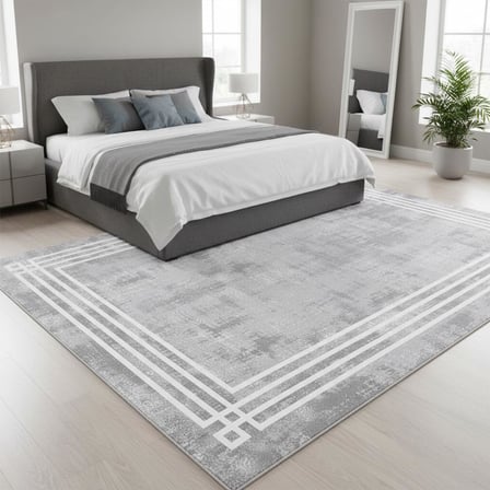 Gri Beyaz Modern Çerçeve Desenli Dijital Baskılı Halı – Kaymaz Tabanlı, Minimal Dokulu Şık Salon ve Oda Halısı