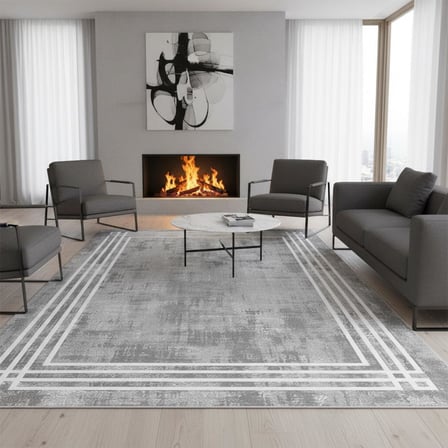 Gri Beyaz Modern Çerçeve Desenli Dijital Baskılı Halı – Kaymaz Tabanlı, Minimal Dokulu Şık Salon ve Oda Halısı