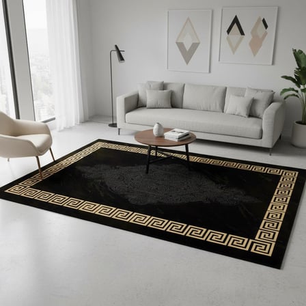 Siyah ve Altın Desenli Dijital Baskılı Halı Kaymaz Tabanlı Modern Geometrik Bordürlü Dekoratif Salon ve Oda Halısı